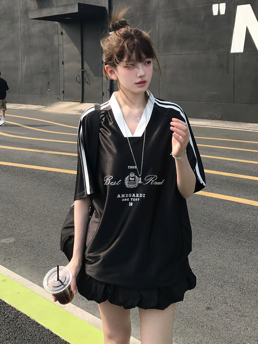 American-style Satin Motorcycle Sports T-shirt Short-sleeved Women's Summer V-neck Jersey Basketball Casual Loose All-match Top