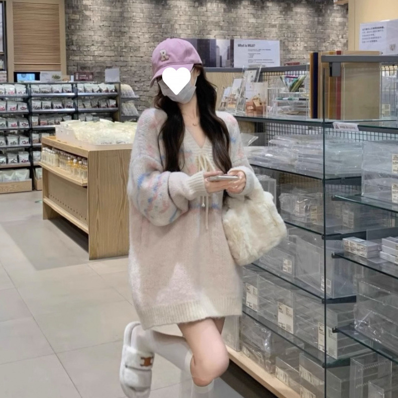 Gentle style temperament, marshmallow, vintage color-blocked straps, loose pullover sweaters, knitted sweaters, women's sweet and lazy tops