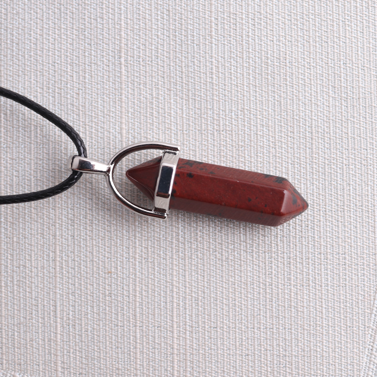 Picture of Natural Stone Hexagonal Pendant European and American Natural Crystal Hexagonal Prism Bullet Hexahedral Black Wax Rope Necklace