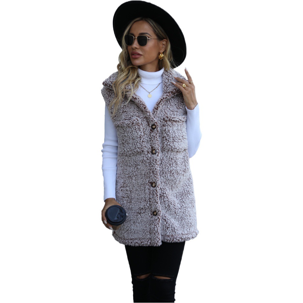 Flash Velvet Cross-border European and American Women's Autumn and Winter Lapel Sleeveless Long Loose Casual Faded Bubble Velvet Cardigan Vest