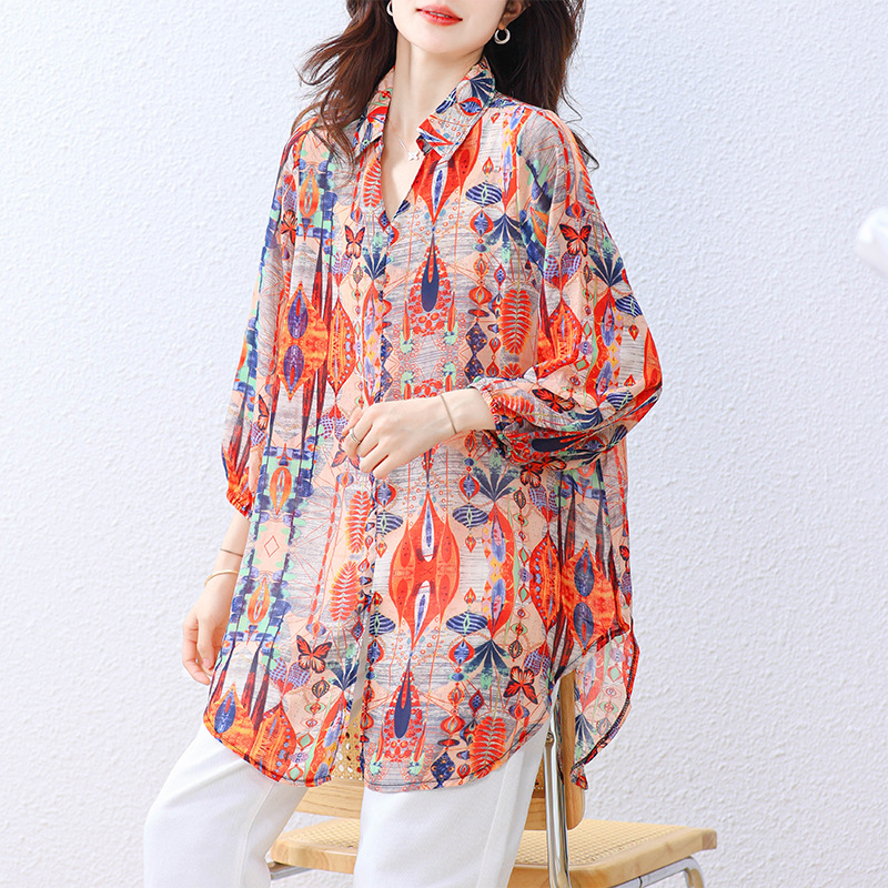 Real Shot of 2025 Autum Plus Size Women's New Style Loose Mid-Length Shirt Women's Retro Printed Cardigan Women