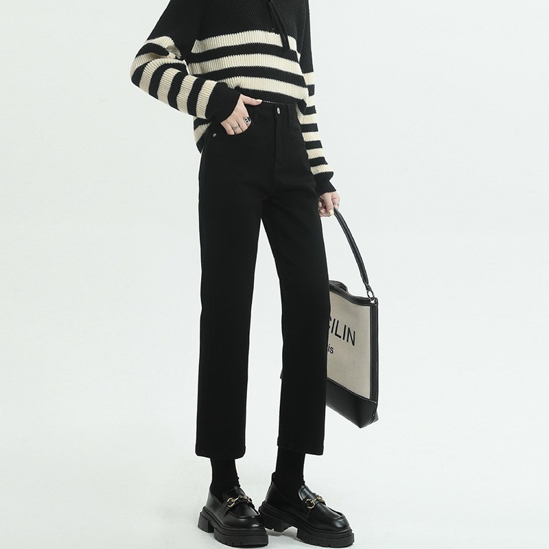 Picture of Black High Waist Short Straight Jeans Women's New Autumn and Winter Slim Look Tall Slim Fit Stretch Cropped Smoke Tube Pants