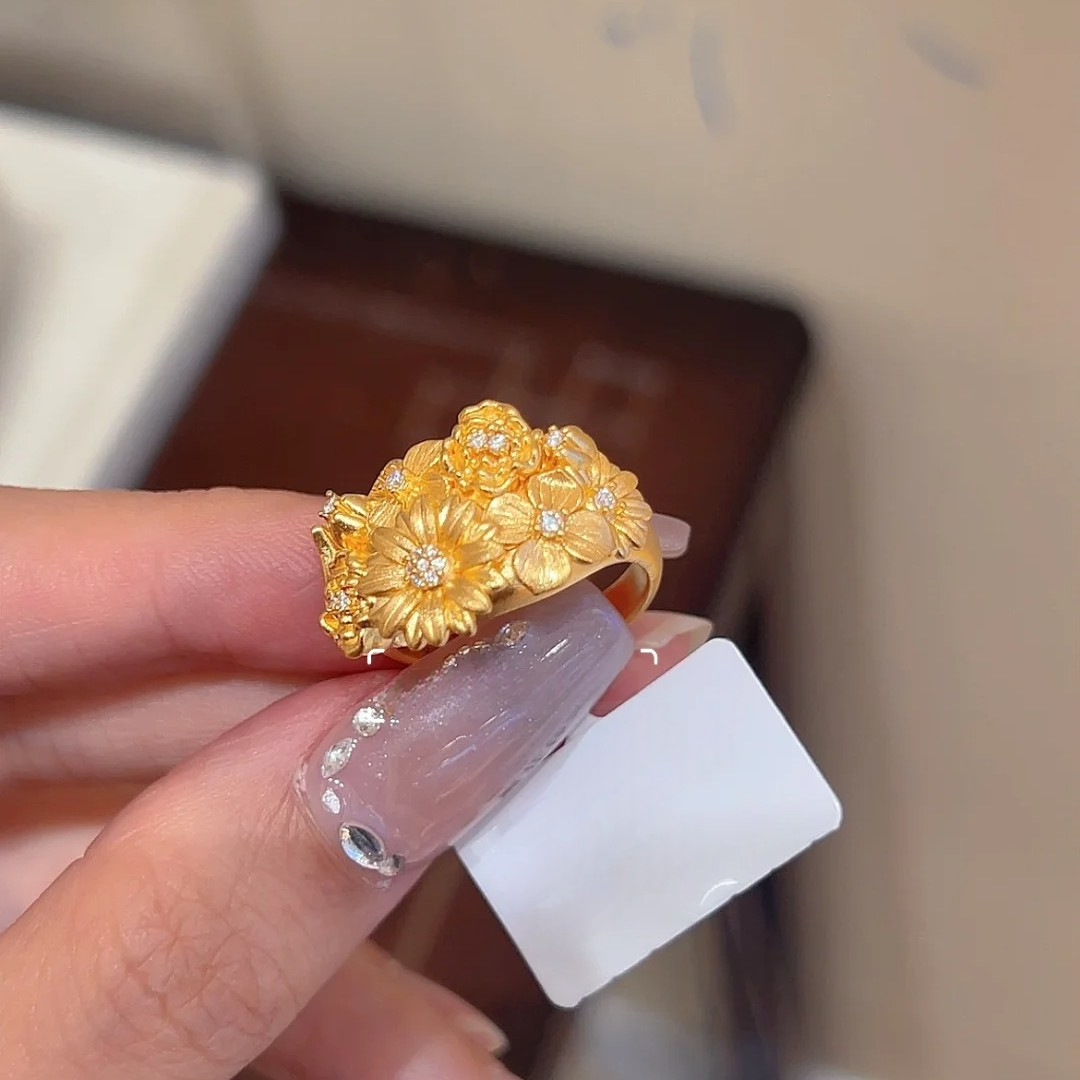 New Chinese Style Flowers and Brocade Ring Women's Light Luxury High-end Wedding Retro Ethnic Style Elegant High-value Heavy Industry Women