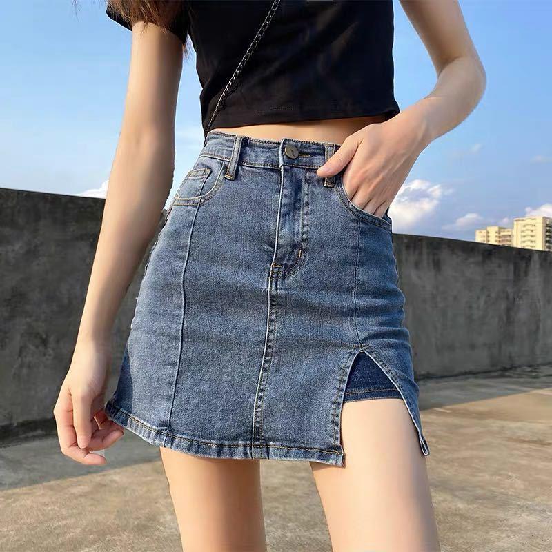 Picture of Spring and Summer 2024 New Anti-glare Denim Bust Skirt High Waist Elastic Slim A- line Split Hip Skirt