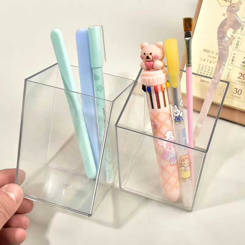 Picture of Transparent pen container plastic acrylic square stationery storage tube pen supplies wholesale student culture business creativity