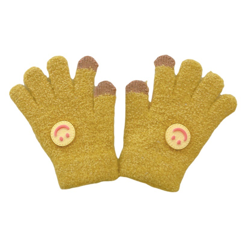 Qiunan Children's Gloves Winter Korean Style Smiley Five-Finger Gloves Split Solid Color Warm Gloves for Boys and Girls Baby