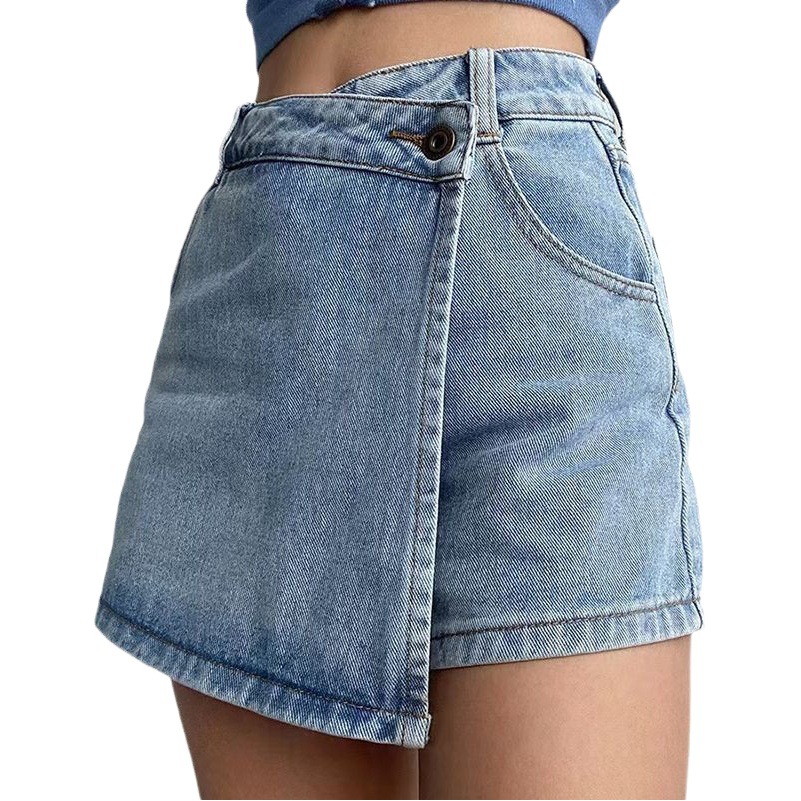 Summer High-Waisted A-Line Shorts Skirt for Women, Slim and Versatile, Personalized Sexy Anti-Exposure, Asymmetrical Denim Skirt