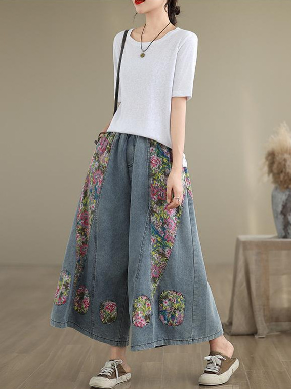 Foreign Trade Export Original Single Ethnic Style Stitching Jeans Women's Summer Casual Retro Loose plus size Wide-leg Cropped Pants