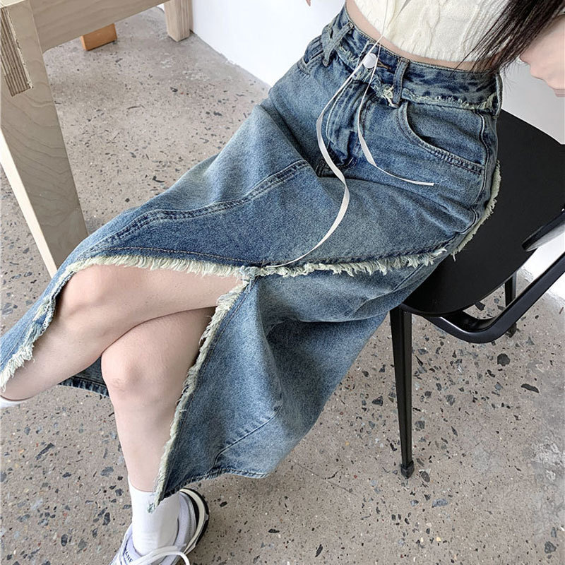 Irregular Slit Denim Skirt for Women Spring and Summer Retro High-Waisted Raw Edge Casual Mid-Length A-Line Hip Skirt