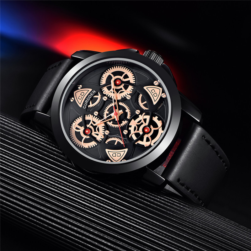 Curdden Brand Men Fashion Leather Big Round Quartz Watches