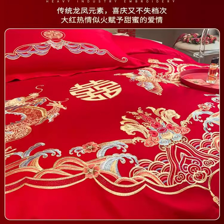 Picture of Chinese-style High-grade Wedding Four-piece Set Big Red Embroidered Wedding Dowry Quilt Cover Bed Sheet Newlywed Wedding Room Bedding