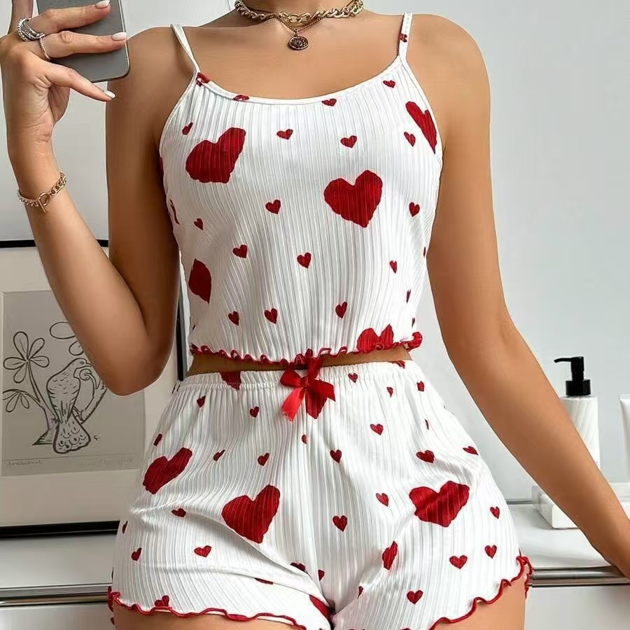 Cross-border Hot Selling European and American Style Casual Pajamas suit Printed Loving Sweet Sling Shorts Pure Wish Outer Wearing Pajamas