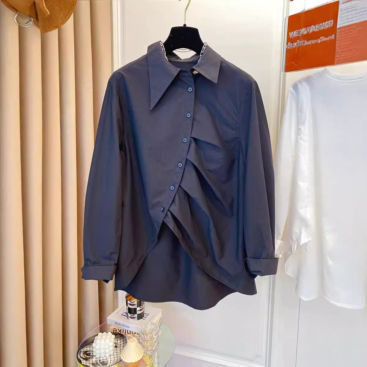 Picture of Chic Design Sense Niche Loose French Pointed Collar Asymmetrical White Shirt Women's Spring and Autumn Long-sleeved High-end Sense Top