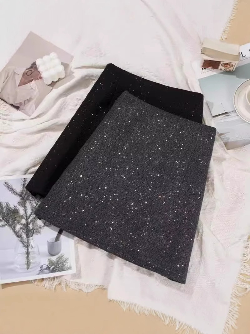 2025 Winter Woolen High-end Niche Sequin Skirt Women's Autumn and Winter New High Waist All-match A- line Skirt Trendy
