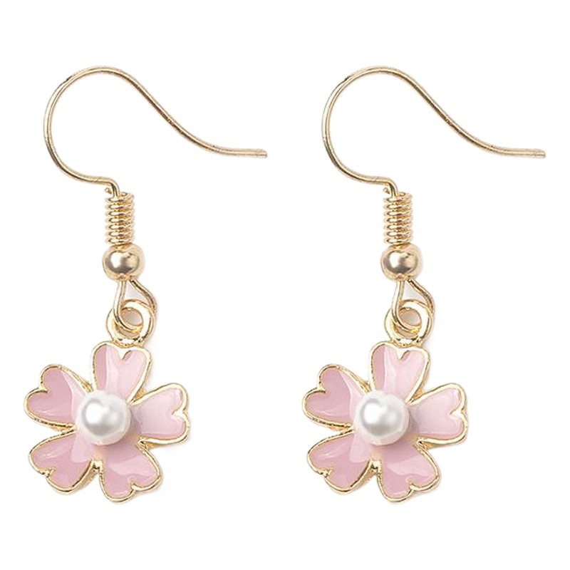 Summer Fresh Flower Five-petal Flower Earrings Ins Pink Girl's Heart Temperament Pearl Earrings Ear Clips