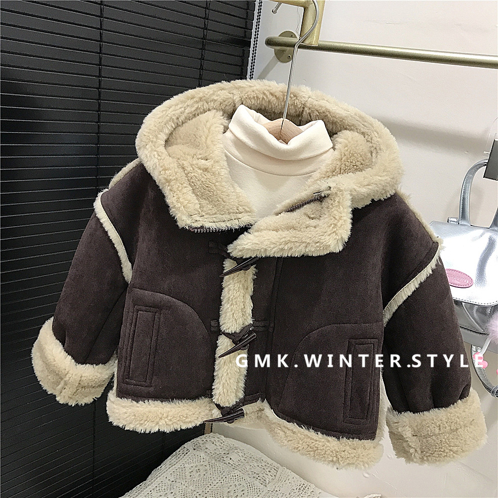 Boys and Girls fleece-lined Thickened Coat Autumn and Winter Baby One-piece Velvet Hooded Coat Lamb Velvet Children's Winter Wear Foreign Trade