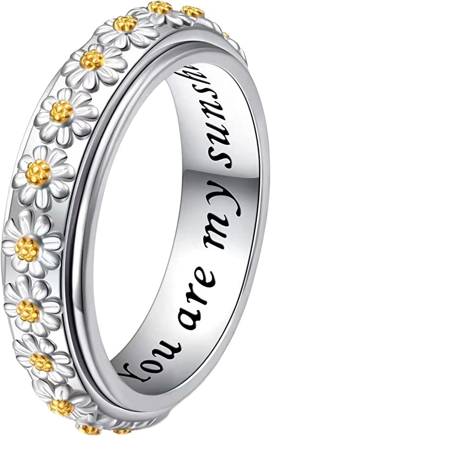 Amazon new jewelry fashion sweet turnable Daisy ring temperament Joker flower two-color ring