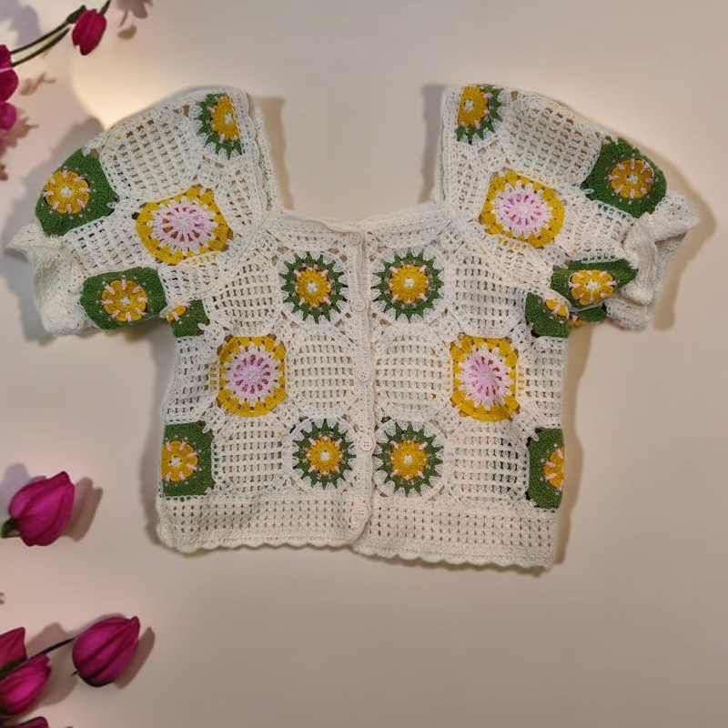 French cutout crochet square-neck knit shirt for women, stylish design, slim-fit, unique cardigan short-sleeve top