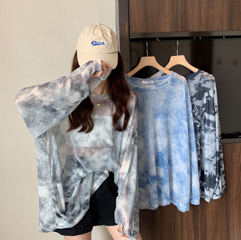 Mesh Sun Protection Clothing Summer New Foreign Trade Casual Casual Printed Pullover Long Sleeve Women's T-shirt Top Perspective