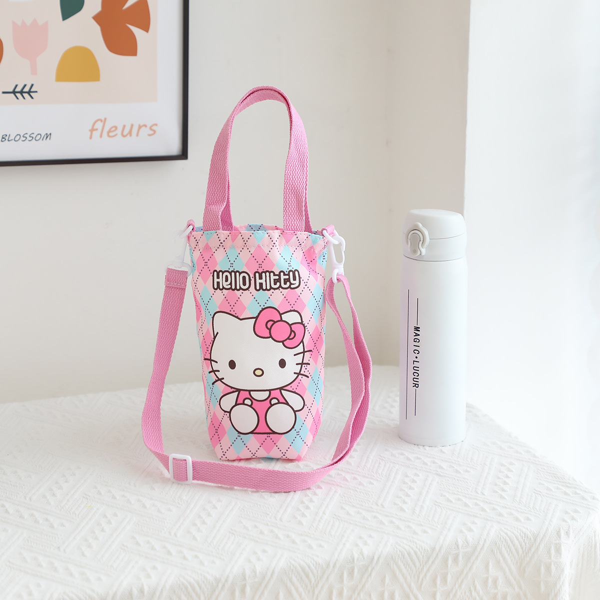 Picture of Japanese Style Cartoon Cute Canvas Water Cup Bag Crossbody Portable Dual-purpose Water Kettle Bag Outgoing Small Cloth Bag Handbag