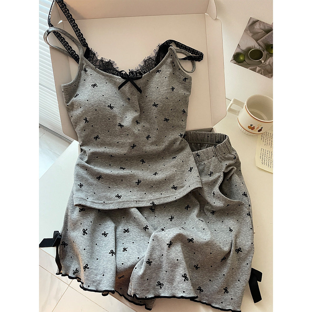 Korean Style Sweet Sling Pajamas with Chest Pad Women's Summer 2025 New Sweet Bow Lace Home Clothes