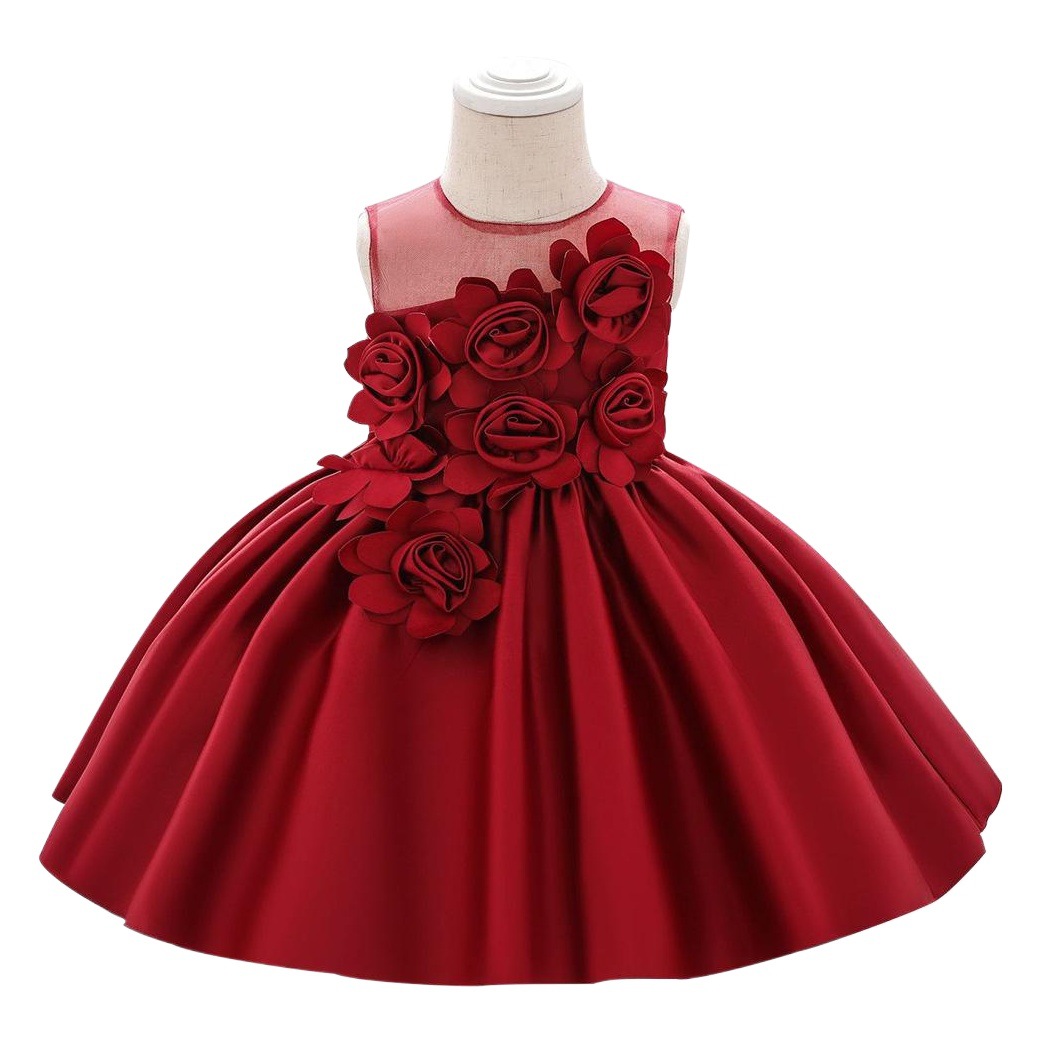 One Year Old Baby Dress Girl's Satin Princess Dress Girl's Flower Princess Dress Birthday One Hundred Days Wash Dress