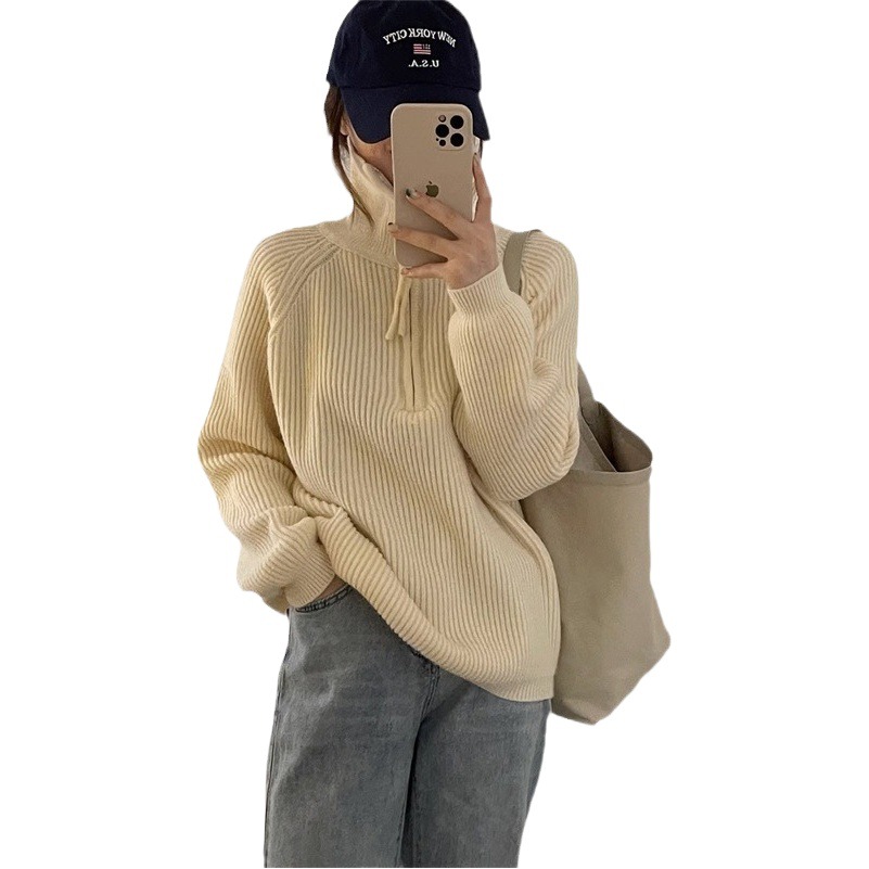Soft Waxy High Collar Half Zipper Loose Autumn and Winter Pullover Top Knitted Lapel 2024 New Popular Sweater for Women Thick