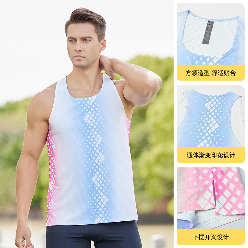 Summer New Sports Vest Sleeveless Gradient Printing Racing Marathon Fitness Breathable Quick-Drying Lightweight Vest