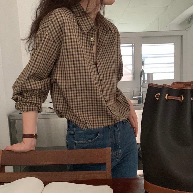 Houndstooth Plaid Shirt Women's Retro Hong Kong Style Autumn Clothes 2024 New Outfit Loose Top Long Sleeve Stacked Shirt