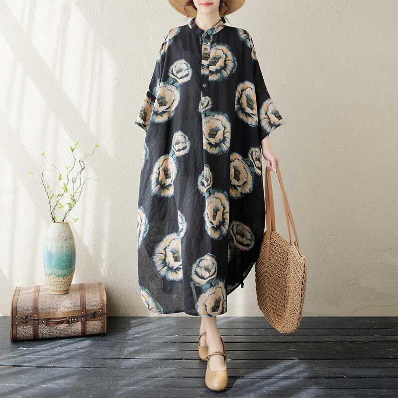 2024 Summer New Artistic Vintage Cotton and Linen Printed Collar Loose Large Size Dress for Women