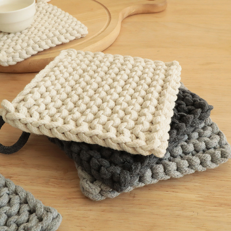 Picture of Handmade Cotton Coaster Scandinavian Style Plain Woven Insulation Pad Square Coaster Household Plate Mat Bowl Mat Square Mat