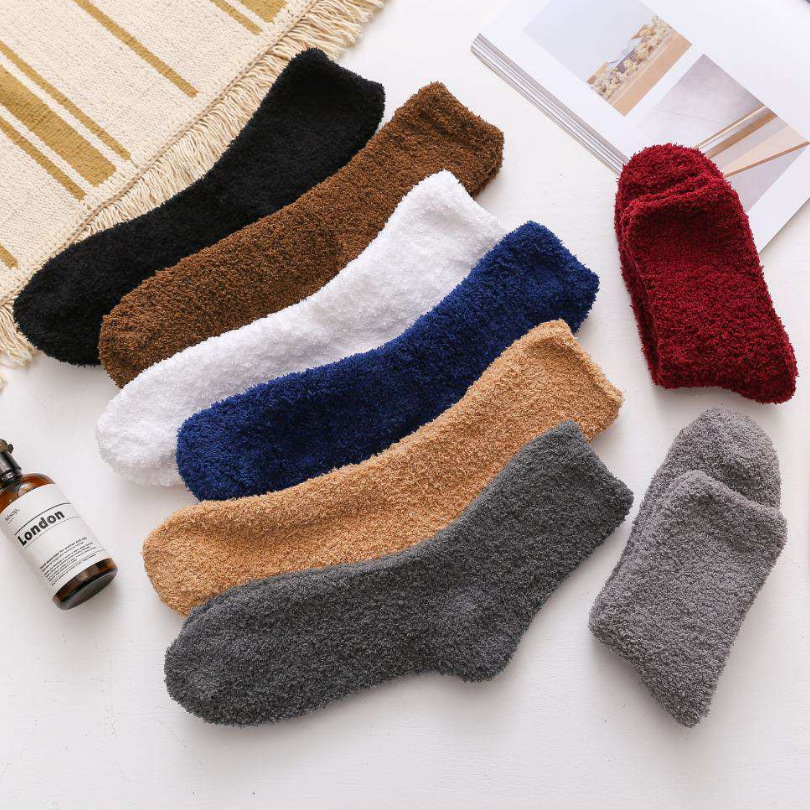 Solid color socks men's coral fleece thickened warm sleep socks autumn and winter plush mid-calf adult floor socks wholesale
