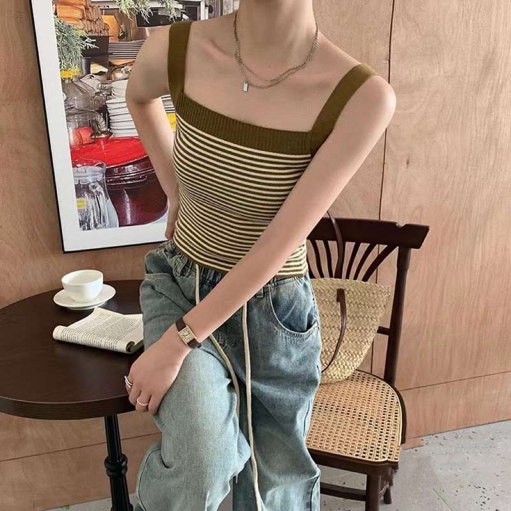 Spot Stripesd Knitted Vest with 2025 New Summer Style Short Slim Fit Contrasting Suspender Outer Top