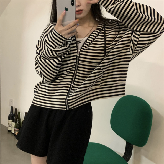Picture of Striped Hooded short sweater coat for women 2023 new winter Korean style loose zipper long sleeve top spring and autumn fashion
