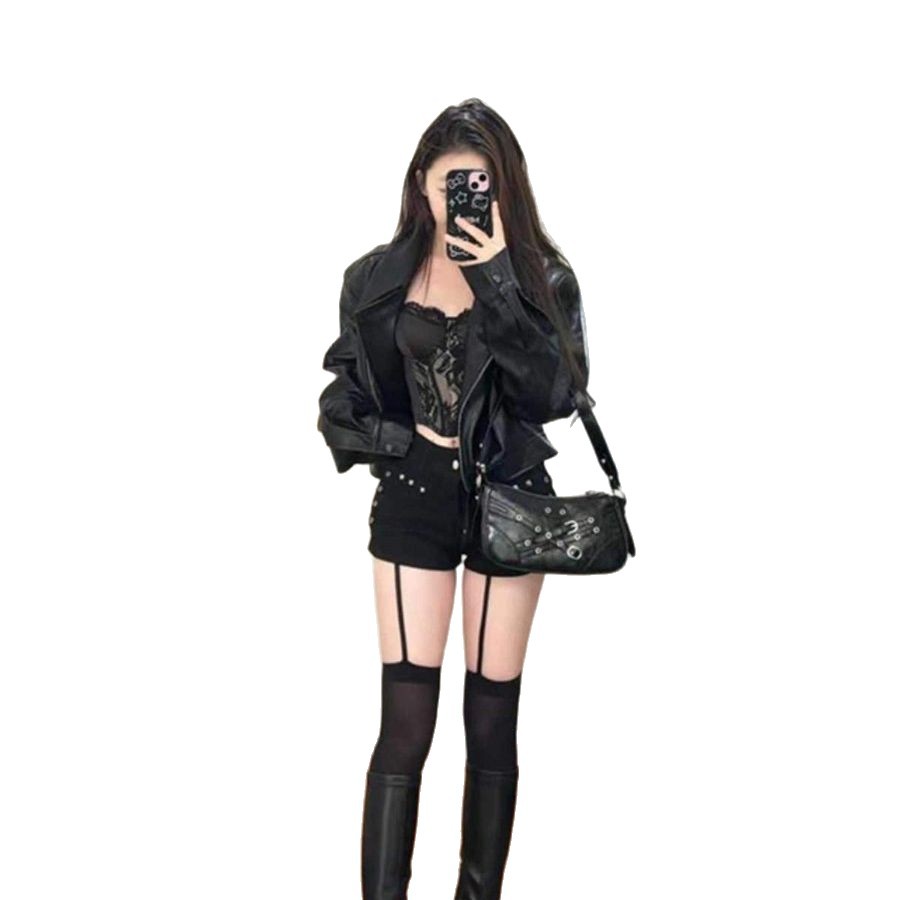 Picture of American hot girl black leather jacket female 2025 autumn small short motorcycle PU leather jacket sweet cool top