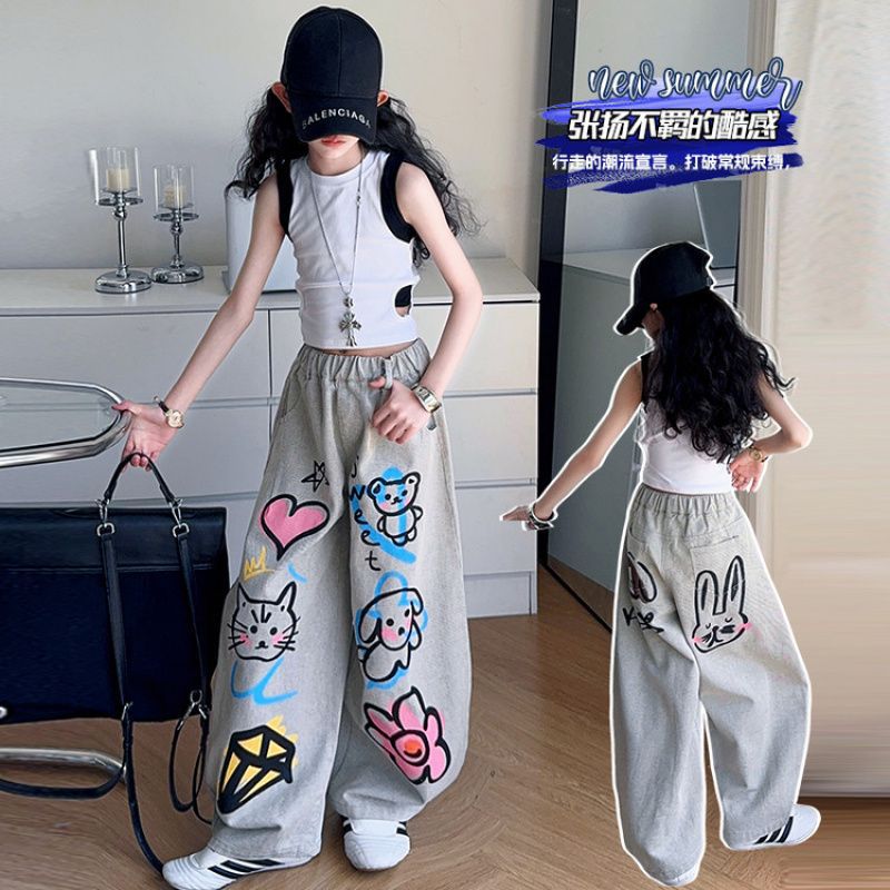 2025 Girl's Cartoon Print Jeans Fashionable Children's Street Small Animal Print Pants