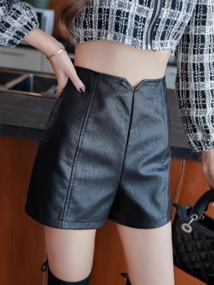pu leather shorts women's autumn and winter 2023 new high waist slimming wide leg pants fashion loose A- shaped outer wear casual pants