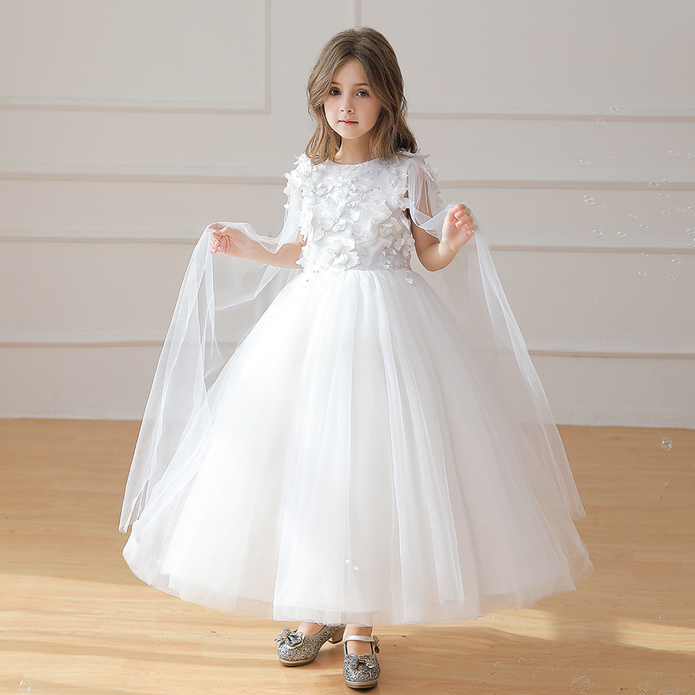 Girls' High-end Dress White Long Dress Poncho Wedding Floral Dress Birthday Party Dress Three-dimensional Flower Poncho Yarn