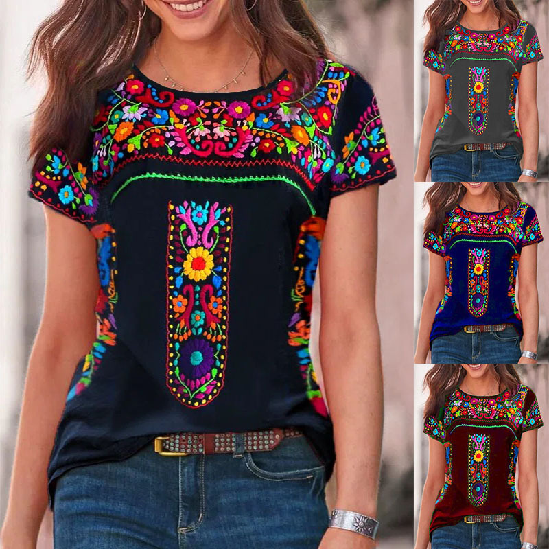 2023 Summer European and American Foreign Trade New Women's Independent Station Bohemian Printed Round Neck Short Sleeve T-Shirt Top Women