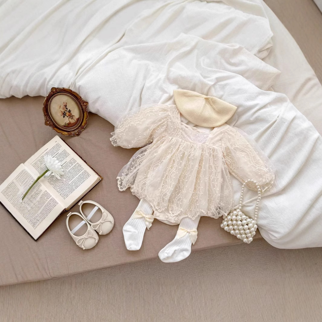 Korean-style Spring and Autumn Clothes Baby Wrap Fart Clothes Stylike Girl Baby One Hundred Days Banquet One Year Old Dress Lace Princess Hare Dress Set