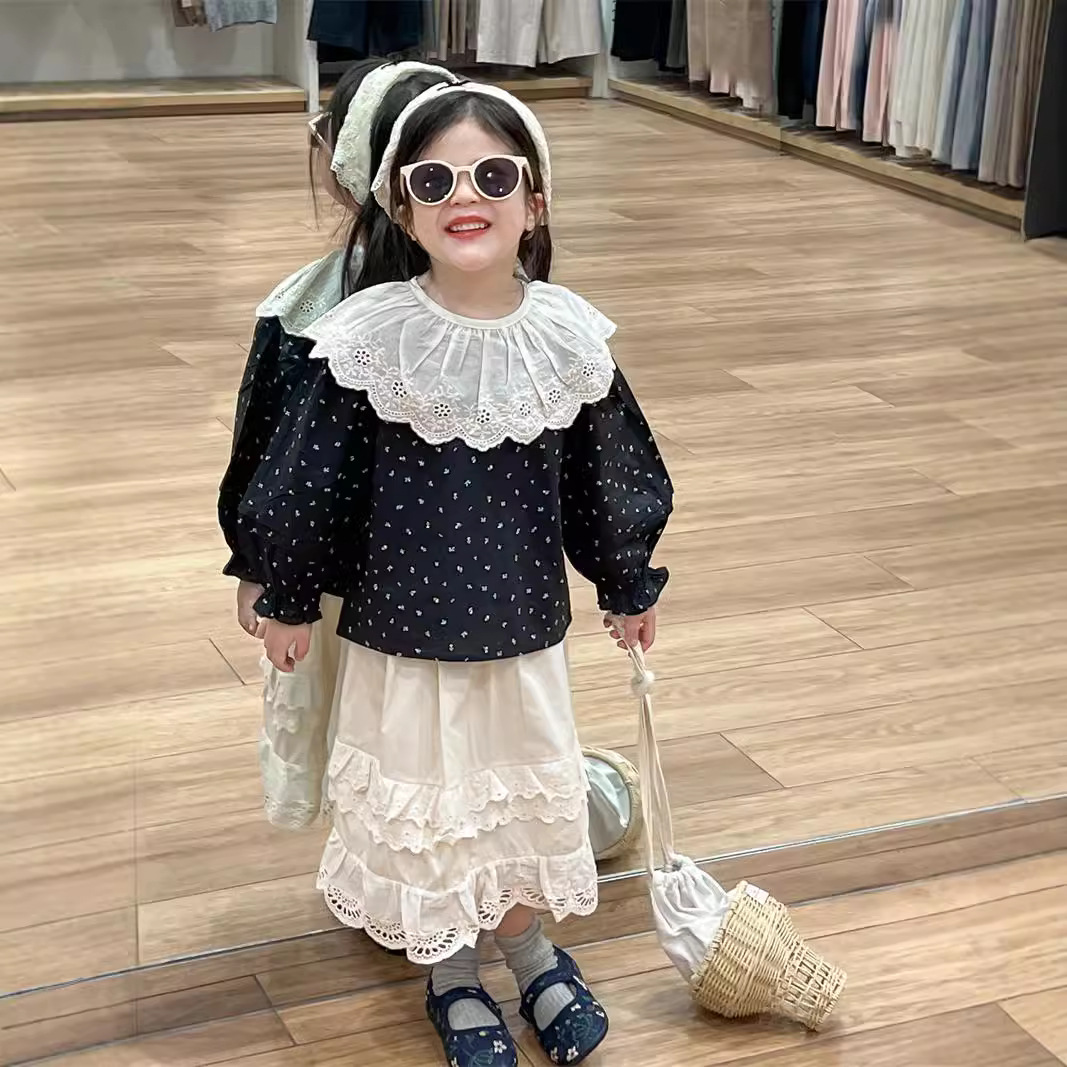 Picture of Girls Korean Style Shirt 2024 Autumn Lace Collar Black Bottom Floral Doll Collar Shirt Lace Skirt