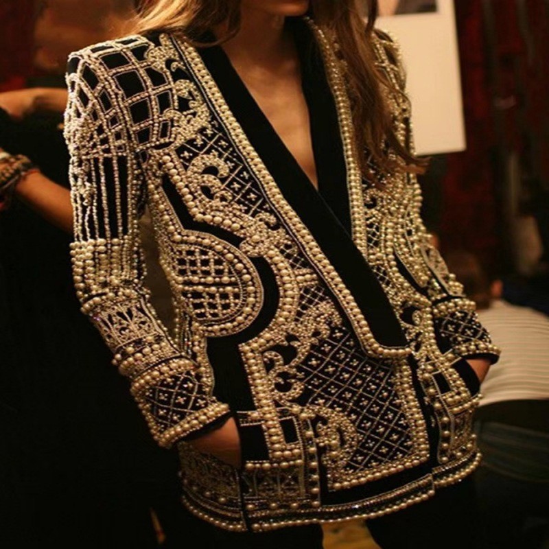 French Retro European and American V-neck Long Sleeve Thickened Mid-length Suit Top Bubble Bead Printed Bead Jacket for Women