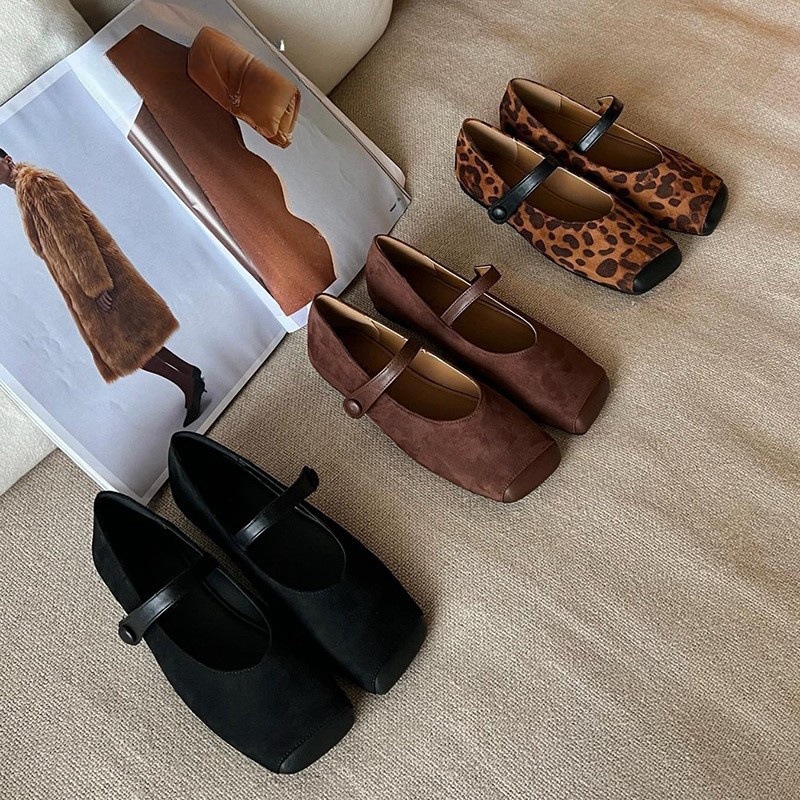 Vintage Suede Leopard Square Toe Flat Shoes All-Match Soft Bottom Shoes with Mary Jane Shoes