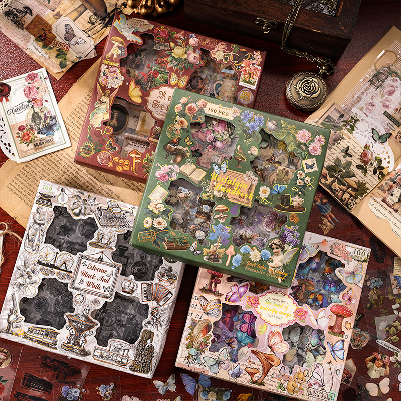 Yuezhen Cross-border 100 Retro Gift Box Stickers Creative diy Hand Account Stickers pet Children's Hand Account Material Stickers