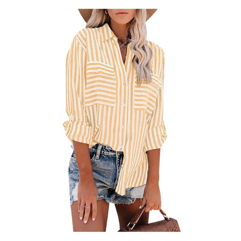 Amazon Cross-border European and American Women's 2024 Spring and Summer New Amazon Cotton Polyester Striped Single-breasted Long-sleeved Shirt for Women