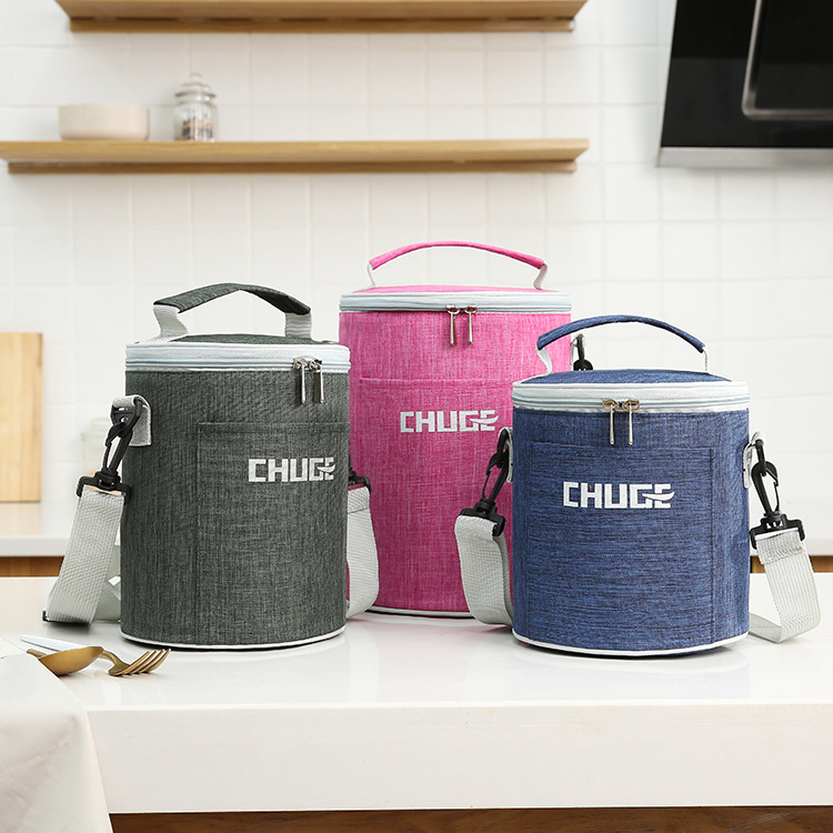 New round thermal insulation lunch box bag thermal insulation bag aluminum foil portable lunch bag work with rice insulation bag shoulder strap bag