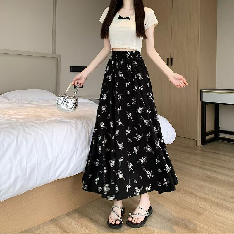 Floral 2024 Skirt Women's Summer High Waist New Style Elapa Slimming Midi Dress Large Swing Skirt Ins Trendy