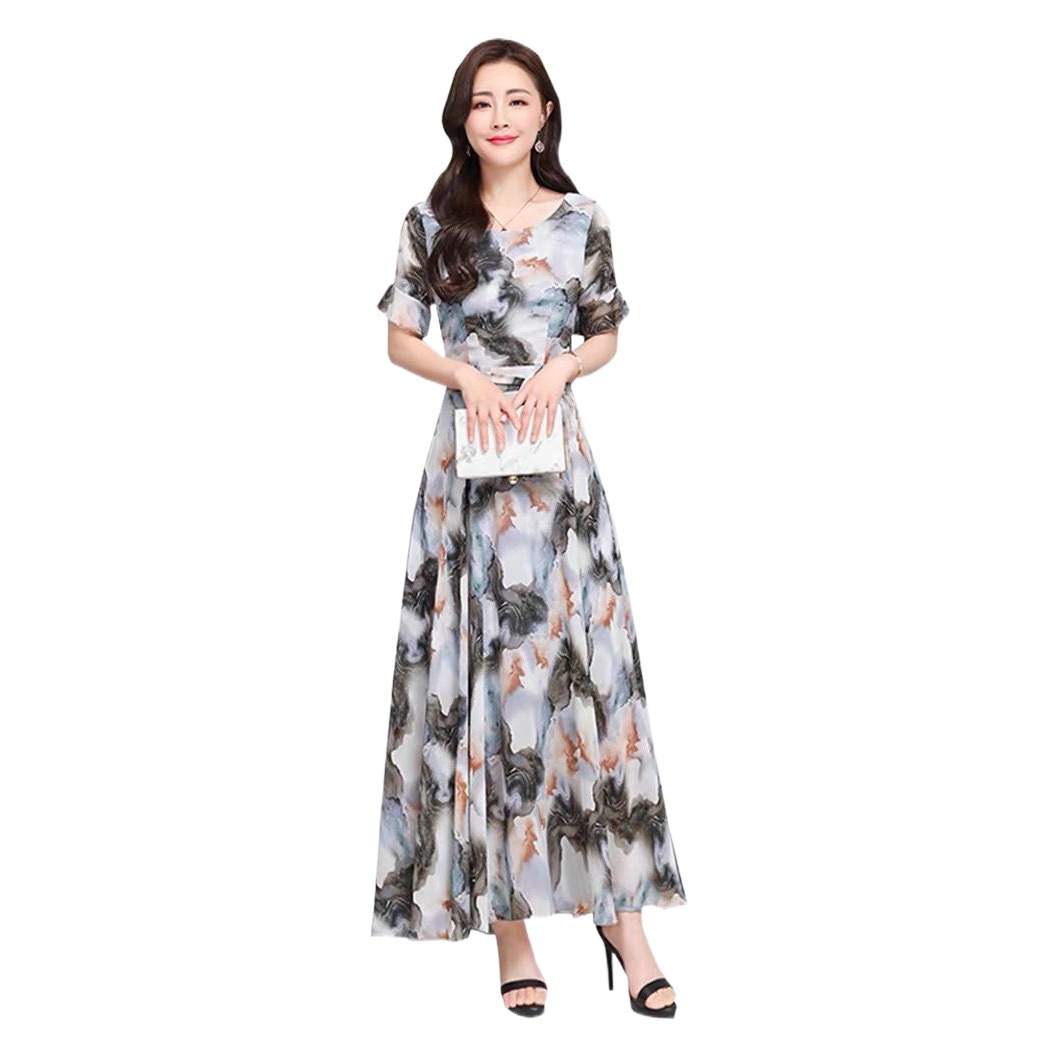 2022 Summer Floral Short-sleeved Dress Middle-aged Women's Fashionable Temperament Tight Waist Slimming Age-reducing Short-sleeved Dress