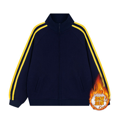 Picture of Korean version of the contrast color stand collar zipper sweater custom LOGO print three bar cardigan jacket overalls fleece-lined jacket
