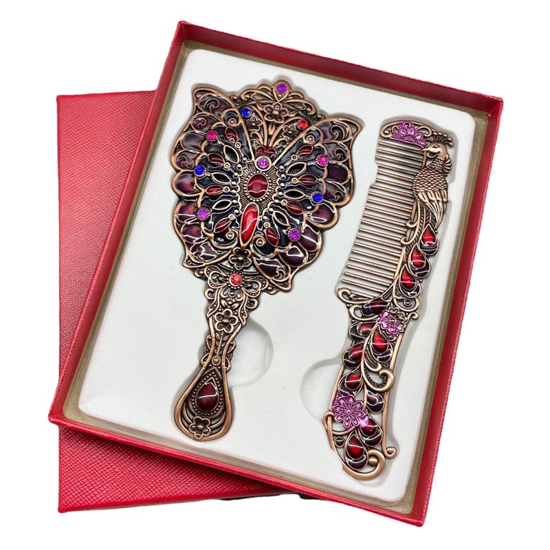 Creative retro Peacock open screen small mirror handle metal cosmetic mirror portable mirror comb set Holiday Gifts Wholesale